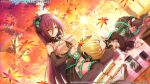  2girls amano_soraha ankle_garter assault_lily autumn autumn_leaves bare_shoulders black_collar black_dress black_hat black_ribbon black_shoes black_thighhighs blonde_hair blurry blurry_background bottle breasts cleavage closed_eyes closed_mouth clothing_cutout collar commentary_request copyright_notice cross-laced_clothes cross-laced_cutout cup detached_sleeves dress drinking_glass dutch_angle evening flower food frilled_collar frilled_dress frilled_sleeves frilled_thighhighs frills grape_juice green_eyes green_flower green_ribbon green_rose hair_between_eyes hair_ribbon hand_on_another's_head hands_up hat hat_flower juice lap_pillow large_breasts leaf long_bangs long_hair long_sleeves looking_at_another looking_down lying maki_wakana maple_leaf medium_breasts mini_hat mini_top_hat multiple_girls navel neck_ribbon noro_assumed official_alternate_costume official_art on_ground on_side outdoors picnic picnic_blanket purple_hair ribbon rose sandwich shoes side_cutout sitting sleeping sleeping_on_person sleeveless sleeveless_dress smile stomach_cutout sunlight thighhighs tilted_headwear top_hat tree two-tone_dress very_long_hair white_dress white_ribbon yokozuwari 