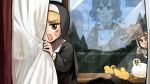 3girls :d baby_animal bird black_hair blonde_hair brown_eyes brown_hair cat chicken curtains diva_(hyxpk) duck duckling english_commentary hedge hiding highres holding holding_notepad holding_pencil holding_sign hungry_nun_(diva) little_nuns_(diva) multiple_girls notepad nun pencil reflection sign smile spicy_nun_(diva) traditional_nun tree window yellow_eyes 