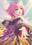  1boy 1girl bare_shoulders black_gloves blue_eyes caelus_(honkai:_star_rail) coat commentary_request cyrene_(aedes_elysiae)_(honkai:_star_rail) cyrene_(honkai:_star_rail) gloves hair_ornament honkai:_star_rail honkai_(series) long_sleeves looking_at_viewer looking_back medium_hair miri_(ago550421) offering_hand open_mouth outdoors partial_commentary pink_hair pov pov_hands purple_coat revision scarecrow smile taking_another&#039;s_hand trailblazer_(honkai:_star_rail) wheat_field 