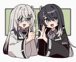  2girls :d allial_(coefont) black_hair black_jacket blush_stickers border coefont collared_shirt commentary_request corn_kuten cropped_torso green_background grey_eyes grey_hair grey_shirt hair_between_eyes hair_ornament half-heart_hands jacket long_hair long_sleeves looking_at_viewer millial_(coefont) multicolored_hair multiple_girls one_side_up open_clothes open_jacket open_mouth outside_border polka_dot polka_dot_background shirt smile thumbs_up two-tone_hair watermark white_border white_jacket wide_sleeves 