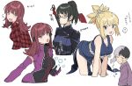  1boy 3girls asagiri_gen black_hair blonde_hair breasts character_request cleavage closed_mouth dr._stone dress highres jujutsu_kaisen kohaku_(dr._stone) looking_at_viewer multicolored_hair multiple_girls open_mouth ponytail short_hair simple_background smile teshima_nari white_background white_hair 