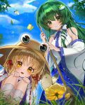  2girls :d bare_shoulders blonde_hair blue_skirt blue_sky blush breasts broom brown_hat bug butterfly cloud collared_shirt commentary detached_sleeves dot_nose double-parted_bangs flower frog_hair_ornament green_eyes green_hair hair_intakes hair_ornament hair_ribbon hair_tubes hat highres holding holding_broom kneehighs kochiya_sanae large_breasts leaf long_hair long_sleeves looking_at_flowers looking_down moriya_suwako multiple_girls open_mouth patterned_clothing print_skirt purple_vest red_ribbon ribbon samon_(vxxr8575) shirt single_hair_tube single_sidelock skirt skirt_set sky sleeveless sleeveless_shirt smile snake_hair_ornament socks squatting symbol-only_commentary touhou vest white_sleeves white_socks wide_sleeves yellow_eyes 
