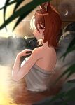  1girl agnes_tachyon_(umamusume) ahoge animal_ears bare_shoulders breasts brown_hair cropped_torso from_side hair_between_eyes highres horse_ears horse_girl huge_ahoge medium_breasts medium_hair motusii naked_towel onsen outdoors red_eyes solo towel umamusume water 
