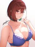  1girl ayase_momo bare_shoulders blush bra breasts brown_hair choker cleavage crossed_bangs dandadan earrings hair_between_eyes highres jewelry large_breasts looking_at_viewer parted_lips purple_bra red_eyes short_hair solo underwear zucchini 