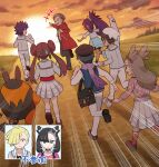  &gt;_&lt; +++ 4girls 5boys :d absurdres arm_up bag beanie bow brown_hair brown_hat brown_shoes clenched_hand clenched_hands cloud coat commentary_request double_bun emphasis_lines gladion_(academy)_(pokemon) gladion_(pokemon) grass grey_jacket hair_bow hair_bun hair_rings hand_up hat highres hugh_(academy)_(pokemon) iris_(academy)_(pokemon) iris_(pokemon) jacket jasmine_(pokemon) kabu_(pokemon) kneepits leg_up long_hair looking_at_another looking_back marnie_(academy)_(pokemon) marnie_(pokemon) multiple_boys multiple_girls not_present official_alternate_costume open_clothes open_coat open_mouth outdoors pants pignite pointing pokemoa pokemon pokemon_(creature) pokemon_masters_ex purple_hair purple_scarf red_coat rei_(academy)_(pokemon) rei_(pokemon) rosa_(academy)_(pokemon) rosa_(pokemon) running scarf school_uniform shirt shoes short_hair shoulder_bag sky smile socks standing sun sunset sweatdrop twilight twintails two_side_up vest white_socks 