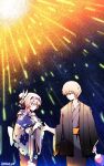  1boy 1girl aerial_fireworks black_coat blush bracelet caelus_(honkai:_star_rail) closed_mouth coat electronduck firefly_(honkai:_star_rail) fireworks floral_print floral_print_kimono gradient_hair grey_hair hair_between_eyes hair_intakes highres honkai:_star_rail honkai_(series) japanese_clothes jewelry kimono multicolored_eyes multicolored_hair open_clothes open_coat print_kimono reaching reaching_towards_another smile trailblazer_(honkai:_star_rail) 