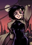  1girl absurdres alita battle_angel_alita black_hair bodysuit brown_eyes chtv cyborg facial_mark faux_retro_artstyle grin highres industrial lips long_coat retro_artstyle short_hair smile solo 