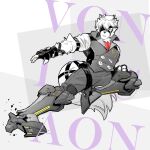  1boy absurdres animal_ears ascot black_gloves character_name colored_tips english_commentary fingerless_gloves flying_kick furry furry_male gloves grey_vest highres kicking male_focus multicolored_hair paimingj prosthesis prosthetic_leg red_ascot shirt tail tail_belt vest von_lycaon white_shirt wolf_boy wolf_ears wolf_tail zenless_zone_zero 