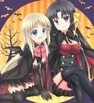  bad_id bad_pixiv_id bare_tree bat bat_wings black_gloves black_hair black_legwear blonde_hair blue_eyes bow breasts cape cleavage crossed_legs elbow_gloves garter_straps gloves halloween kurugaya_yuiko little_busters! long_hair medium_breasts multiple_girls noumi_kudryavka open_mouth pink_bow purple_eyes satou_aoi sitting thighhighs tree wings 