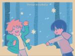  2boys black_hair blonde_hair blue_jacket chainsaw_man closed_eyes commentary denji_(chainsaw_man) grey_jacket hayakawa_aki jacket male_focus multiple_boys open_mouth outdoors short_hair snow snowball snowball_fight snowflakes sweater symbol-only_commentary tree tuzaixia white_sweater 