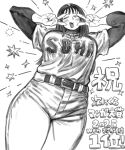  1girl agawa_sensei_(strikeout_pitch) baseball_jersey baseball_uniform belt blush breasts celebration choppy_bangs clothes_writing commentary_request cowboy_shot enim0chi greyscale hands_up highres jersey large_breasts layered_sleeves long_hair long_sleeves mole mole_under_eye monochrome one_eye_closed pants print_shirt shirt shirt_tucked_in short_over_long_sleeves short_sleeves solo sparkle sportswear standing strikeout_pitch thick_thighs thighs tongue tongue_out v v_over_eye 
