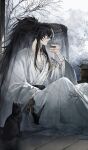  1boy absurdres bandaged_arm bandaged_chest bandages black_hair black_sash cat chinese_clothes collarbone commentary cup english_commentary gourd grey_eyes half-closed_eyes hand_up hanfu hat highres holding holding_cup indoors jewelry long_hair male_focus necklace official_alternate_costume parted_lips ponytail qiuyuan_(wuthering_waves) sarashi sash secretfj520 sidelocks sitting sky solo teapot very_long_hair white_hanfu white_sky winter wuthering_waves yunomi 
