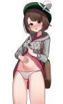  1girl absurdres bag blush brown_eyes brown_hair cardigan clothes_lift dress dress_lift gloria_(pokemon) grey_cardigan hat highres lifting_own_clothes navel panties pink_dress pokemon short_hair solo tam_o&#039;_shanter underwear white_background white_panties ziro_(zirorong) 