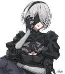  1girl 2b_(nier:automata) artist_name black_dress black_gloves black_hairband bob_cut closed_mouth dress elbow_rest eye_mask gloves grey_hair hairband highres juliet_sleeves long_sleeves mask nier:automata nier_(series) puffy_sleeves short_hair signature solo timama_timama upper_body white_background 