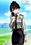  1girl alternate_costume artist_name black_hair black_necktie black_skirt blue_eyes collared_shirt commentary_request dated hair_ribbon highres hisama_tomoki houshou_(kancolle) japan_maritime_self-defense_force japan_self-defense_force kantai_collection long_hair long_sleeves looking_at_viewer military military_dress_uniform military_rank_insignia military_uniform naval_dress_uniform naval_uniform necktie one-hour_drawing_challenge outdoors pantyhose ponytail ribbon ribbon_bar shirt shoulder_boards skirt smile solo white_shirt 