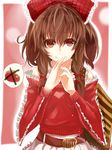  amua bad_id bad_pixiv_id bare_shoulders brown_eyes brown_hair hair_ribbon hakurei_reimu ribbon short_hair simple_background smile solo touhou 