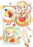 1girl :d aobahosino bare_shoulders blonde_hair blunt_bangs blush_stickers chibi commentary dot_nose food full_body gradient_pantyhose heart heart_hands highres ketchup long_hair mary_janes multiple_views omelet omurice one_eye_closed open_mouth orange_eyes orange_shoes orange_skirt original pantyhose personification plate polka_dot polka_dot_skirt puffy_short_sleeves puffy_sleeves shirt shoes short_sleeves skirt smile standing two_side_up white_background yellow_pantyhose yellow_shirt 