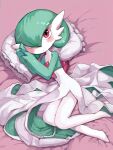  1girl :t bed_sheet blush blush_stickers bob_cut closed_mouth colored_skin commentary expressionless flat_chest frilled_pillow frills from_above full_body gardevoir green_hair green_skin hair_over_one_eye hands_up highres knees_together_feet_apart legs looking_at_viewer lying multicolored_skin on_side one_eye_covered own_hands_together pillow pink_background pokemon pokemon_(creature) red_eyes rr_(user_hcrd3433) short_hair solo two-tone_skin white_skin 