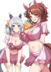  2girls absurdres ahoge animal_ears bent_over blush breasts brown_eyes brown_hair checkered_ribbon cleavage clothing_cutout collarbone crepe cropped_shirt dantsu_flame_(umamusume) ear_covers ear_ornament ear_ribbon food grey_hair hair_between_eyes hair_ornament headband highres hishi_miracle_(umamusume) holding holding_crepe holding_food horse_ears horse_girl horse_tail kibihimi large_breasts layered_skirt looking_at_viewer medium_hair meni_shuki_rush-sshu! multicolored_hair multiple_girls navel open_mouth parted_lips pink_headband pink_shirt pink_skirt pink_socks shirt shoulder_cutout simple_background skirt smile socks tail umamusume white_background white_hair 