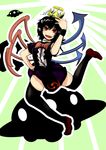  asymmetrical_wings black_hair bow bowtie character_name crown dress flying_saucer hand_on_hip highres houjuu_nue looking_at_viewer open_mouth red_eyes short_hair skirt smile solo space_craft thighhighs touhou ufo wings yaruku 