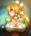  blonde_hair bow_(bhp) breasts cleavage green_eyes large_breasts leafa long_hair pointy_ears ponytail solo sword_art_online upper_body 