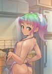  4chan apron ass bow breasts brown_eyes cooking frying_pan green_hair hair_bow long_hair looking_at_viewer looking_back multicolored_hair naked_apron nipple_slip nipples original orz_(orz57) pink_hair ponytail small_breasts smile spatula waifu-tan 