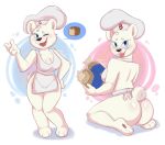 2025 4_fingers abstract_background anthro apron apron_only artist_name bear big_breasts big_butt bimbo_(bakery) bimbo_bear blue_eyes blue_eyeshadow bread breasts bubble_butt butt chef_hat cleavage clothed clothing curvy_figure digital_drawing_(artwork) digital_media_(artwork) eyelashes eyeshadow female fingers fluffy fluffy_tail food fur glistening glistening_body glistening_breasts glistening_butt glistening_fur hat headgear headwear hi_res looking_at_viewer looking_back looking_back_at_viewer makeup mammal mandyfoxy one_eye_closed open_mouth open_smile short_tail signature smile solo tail text thick_thighs tongue tongue_out voluptuous voluptuous_anthro voluptuous_female white_apron white_body white_clothing white_fur wide_hipped_anthro wide_hipped_female wide_hips wink winking_at_viewer
