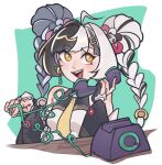  1girl ahoge bare_shoulders black_hair blush braid braided_twintails china_dress chinese_clothes corded_phone detached_sleeves dialyn_(zenless_zone_zero) double_bun dress green_background hair_bun hair_extensions hair_intakes hair_ornament hairclip hashtag-only_commentary highres holding holding_phone looking_to_the_side minoka multicolored_hair necktie open_mouth orange_eyes panda_hair_ornament phone ring_hair_extensions solo sparkling_eyes split-color_hair talking_on_phone twitter_username two-tone_background upper_body white_background white_hair wire yellow_necktie zenless_zone_zero 