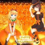  :d black_hair blonde_hair blue_eyes boots bow brown_eyes collarbone funami_yui hair_bow halloween happy_halloween hat jack-o'-lantern kiryu_(kei) long_hair multiple_girls open_mouth pumpkin_costume shoes short_hair smile toshinou_kyouko witch_hat yuru_yuri 