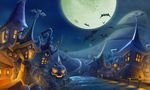  bat building full_moon glowing halloween highres house jack-o'-lantern landscape moon night no_humans original pumpkin scenery 