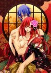  1boy 1girl blue_hair breasts cleavage couple erza_scarlet fairy_tail flower hug japanese_clothes jellal_fernandes kuzukiri5 large_breasts nail_polish red_hair tattoo 