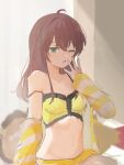  1girl ;o ahoge bare_shoulders blue_eyes blush breasts brown_hair camisole collarbone commentary frilled_camisole frills green_eyes hair_between_eyes hair_down highres hololive jacket long_hair long_sleeves looking_at_viewer loungewear midriff natsuiro_matsuri natsuiro_matsuri_(matsuri's_day_off) navel off_shoulder official_alternate_costume one_eye_closed open_mouth pajamas shorts sitting sketch sleepwear sleepy small_breasts solo strap_slip striped_clothes striped_jacket symbol-only_commentary virtual_youtuber waking_up yawning yellow_camisole yomiya_amaneko 