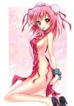  bandages blush breasts bun_cover chain cuffs double_bun high_heels highres ibaraki_kasen medium_breasts mist1129 mouth_hold naked_tabard petals pink_eyes pink_hair revealing_clothes shackles shoes short_hair sideboob smile solo tabard touhou 