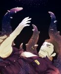  1boy arm_fins bara beard_stubble bone_color919 dagon_(housamo) facial_hair fish_boy from_side glint grin hand_up highres jewelry large_pectorals long_sideburns lying male_focus mature_male monster_boy muscular muscular_male mustache_stubble necklace on_back pectoral_cleavage pectorals protected_link sharp_teeth short_hair short_sleeves sideburns sky smile solo star_(sky) starry_sky starry_sky_background stubble teeth tentacles tokyo_afterschool_summoners upper_body veins veiny_hands 