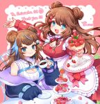  2girls :d absurdres apron bare_shoulders black_jacket blue_eyes blue_hair blue_nails border bow bow_apron breasts brown_hair chair choker cleavage closed_mouth clothing_cutout commentary_request commission cowboy_shot cup double-parted_bangs double_bun dress emirichu_(character) food frilled_apron frilled_choker frills fruit hair_between_eyes hair_bun hair_ornament hand_on_table hand_up heart heart_hair_bun highres holding holding_cup holding_plate ice_cream indie_virtual_youtuber jacket jacket_partially_removed light_particles long_hair long_sleeves looking_at_viewer maid_apron medium_breasts multicolored_hair multiple_girls nail_polish on_chair open_clothes open_jacket open_mouth outline outside_border outstretched_arm panda_hair_ornament pink_border pink_bow pink_choker pink_outline plate puffy_long_sleeves puffy_sleeves rabio_(labi555) red_dress red_nails ribbed_sweater ribbon_choker round_table shoulder_cutout sidelocks simple_background sitting skeb_commission sleeveless sleeveless_sweater sleeveless_turtleneck smile spoon standing strawberry streaked_hair sundae sweater table tea teacup tongue turtleneck turtleneck_sweater twitter_username two-tone_hair upper_body virtual_youtuber white_apron white_background white_sweater 
