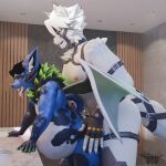 3d_(artwork) ahegao anthro bathroom belly big_belly blender_(artwork) bodily_fluids digital_media_(artwork) drooling duo eclipse_(foxipaw) from_behind_position fur hi_res inflation looking_pleasured male male/male mihoyo multicolored_body multicolored_fur phrostbite saliva sex size_difference von_lycaon zenless_zone_zero