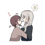  2girls black_sweater brown_hair brown_sweater commentary earclip food girls_band_cry grey_hair heart highres hug iseri_nina kawaragi_momoka lemoontya long_hair multicolored_hair multiple_girls pocky pocky_day pocky_kiss roots_(hair) short_twintails simple_background speech_bubble sweater symbol-only_commentary thought_bubble twintails white_background yuri 