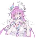  bakon_desu bare_shoulders blush bracelet cyrene_(honkai:_star_rail) cyrene_(ripples_of_past_reverie)_(honkai:_star_rail) detached_sleeves dress flower hair_flower hair_ornament hashtag-only_commentary heart heart_hands highres honkai:_star_rail honkai_(series) jewelry one_eye_closed pink_hair pointy_ears purple_eyes upper_body white_dress 