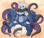  1girl animal_ears blue_skin blush breasts claws cleavage dog_ears feet large_breasts monster_girl multiple_tails navel open_mouth plump red_eyes ricci scyllei shinrabanshou short_hair sitting solo tail tears tentacle white_hair 