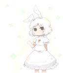  alternate_color alternate_hair_color animal_ears blush blush_stickers brown_eyes bunny_ears carrot carrot_necklace clenched_hand cowboy_shot dress frown inaba_tewi inishie jewelry looking_at_viewer necklace pendant puffy_sleeves short_hair simple_background solo standing touhou white_background white_hair 
