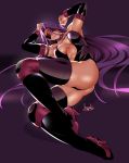  1girl abs armpits ass blindfold boots bowalia breasts cleavage_cutout collar collarbone detached_sleeves facial_mark fate/grand_order fate/stay_night fate_(series) forehead_mark gloves hands_above_head high_heels knee_pads leotard long_hair lying medium_breasts on_side parted_lips purple_hair rider signature solo strapless thigh_boots thighhighs very_long_hair 