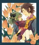  1girl alvin_(tales) bad_id bad_pixiv_id brown_hair carrying closed_eyes creature elize_lutus facial_hair flower goatee princess_carry ribbon smile tales_of_(series) tales_of_xillia tales_of_xillia_2 teepo_(tales) yachi_kou 