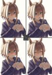  1girl animal_ears blue_eyes blush brown_hair cheval_grand_(umamusume) closed_eyes closed_mouth coat eating food food_in_mouth hair_between_eyes highres holding holding_food horse_ears horse_girl looking_at_viewer o_ko_ge2024 open_mouth purple_coat short_hair sidelocks umamusume 