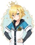  1boy black_shirt blonde_hair blue_jacket blush buttons collar collarbone collared_jacket drawn_crown flipped_hair green_eyes hair_between_eyes hands_on_own_hips highres jacket layered_sleeves long_sleeves looking_at_viewer male_focus mise_yuzuki nijisanji parted_lips plaid_clothes plaid_jacket ribbed_shirt shirt short_hair short_over_long_sleeves short_sleeves sidelocks sleeves_past_wrists solo sparkle_background standing upper_body uzuki_kou uzuki_kou_(1st_costume) v-shaped_eyebrows virtual_youtuber white_background white_jacket 