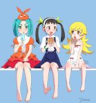  3girls :d :o apron aqua_hair artist_name back_bow badge bandaid bandaid_on_knee bandaid_on_leg bare_arms bare_legs barefoot between_legs black_hair black_skirt blonde_hair blue_background blush_stickers bow bow_apron bracelet brown_eyes button_badge center_frills cherry_print collarbone donut dot_nose dress dress_shirt expressionless fang fangs flipped_hair food food_print forehead frilled_shirt_collar frills fruit_print full_body green_eyes hachikuji_mayoi hair_between_eyes hair_flaps hair_ribbon hairband halterneck hand_between_legs hand_on_lap hand_up hands_up hat highres holding holding_donut holding_food holding_popsicle itoma_mahimahi jewelry knee_blush knees_together_feet_apart layered_dress light_blush lone_nape_hair long_hair looking_at_another looking_at_viewer monogatari_(series) multiple_girls neck_ribbon on_bench ononoki_yotsugi open_mouth orange_dress orange_hat oshino_shinobu panties parted_bangs petticoat pink_skirt pointy_ears popsicle puffy_short_sleeves puffy_sleeves red_bow red_ribbon ribbon shirt short_bangs short_sleeves short_twintails side-by-side sidelocks signature simple_background sitting skirt smile straight-on suspender_skirt suspenders thick_eyebrows turtleneck turtleneck_dress twintails two-handed underwear very_long_hair white_apron white_hairband white_panties white_shirt yellow_eyes 