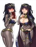  1girl artist_name ass black_bridal_gauntlets black_cape black_hair black_nails blunt_bangs blush blushyspicy bodystocking book breasts bridal_gauntlets brown_cape cape cleavage clothes_lift commentary covered_navel embarrassed finger_to_mouth fire_emblem fire_emblem_awakening from_side hair_ornament hand_up hands_up highres holding holding_book large_breasts lifting_own_clothes lips long_hair motion_lines multiple_views nail_polish narrow_waist nervous_smile panties pelvic_curtain pelvic_curtain_lift red_panties see-through_bridal_gauntlets shoulder_pads shushing simple_background smile tharja_(fire_emblem) thighs two-sided_cape two-sided_fabric two_side_up underwear wavy_mouth white_background 
