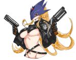  1girl beelstarmon blonde_hair breasts chihiro4010 cowboy_shot cropped_jacket digimon digimon_(creature) dual_wielding eye_mask gun holding holding_gun holding_weapon large_breasts long_hair mask navel red_eyes simple_background sketch solo third_eye underboob weapon white_background 
