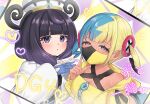  2girls amakusa_setoka aqua_hair bandeau bare_shoulders black_dress black_hair black_mask black_pants blonde_hair blue_eyes blue_gloves blue_pants blunt_bangs blush bob_cut breasts canari_(pokemon) coat collarbone criss-cross_straps dark-skinned_female dark_skin dress gloves gradient_hair gwynn_(pokemon) hat heart highres jacket large_breasts long_sleeves looking_at_viewer mask mega_stone mouth_mask multicolored_hair multicolored_nails multiple_girls open_clothes open_coat pants parted_lips partially_fingerless_gloves pokemon pokemon_legends:_z-a purple_eyes purple_hair short_hair short_twintails split-color_hair sports_bra twintails two-tone_hair two-tone_mask two-tone_nails two-tone_pants white_coat yellow_bandeau yellow_jacket yellow_mask yellow_sports_bra 