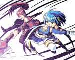  bad_id bad_pixiv_id banned_artist battle blue_eyes blue_hair bow cape gloves grin hair_bow kashimaki long_hair magical_girl mahou_shoujo_madoka_magica miki_sayaka multiple_girls polearm ponytail red_eyes red_hair sakura_kyouko short_hair skirt smile spear sword weapon 