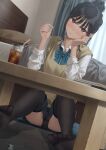  1girl bed bedroom black_hair black_panties black_thighhighs blue_bow blue_bowtie bow bowtie collared_shirt commentary_request cup curtains cushion drinking_glass drinking_straw highres holding holding_pen iced_tea indoors looking_at_viewer no_legwear original panties pen pillow school_uniform shirt sleeves_rolled_up solo sweater_vest table thighhighs underwear white_shirt wooden_table yellow_sweater_vest yukishima_momo zabuton 